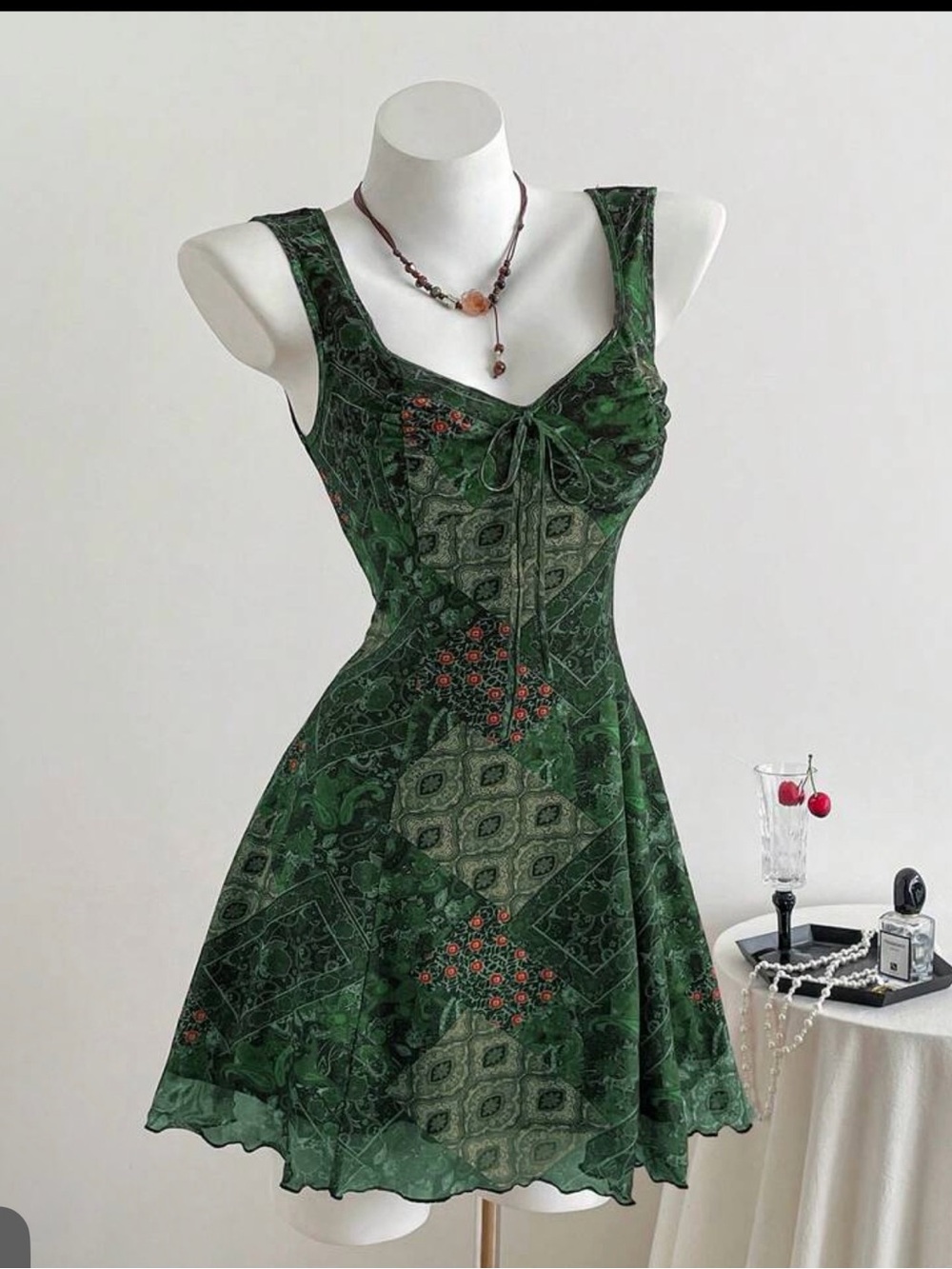 SHEIN Dark Green Floral Tie-Front Mini Dress